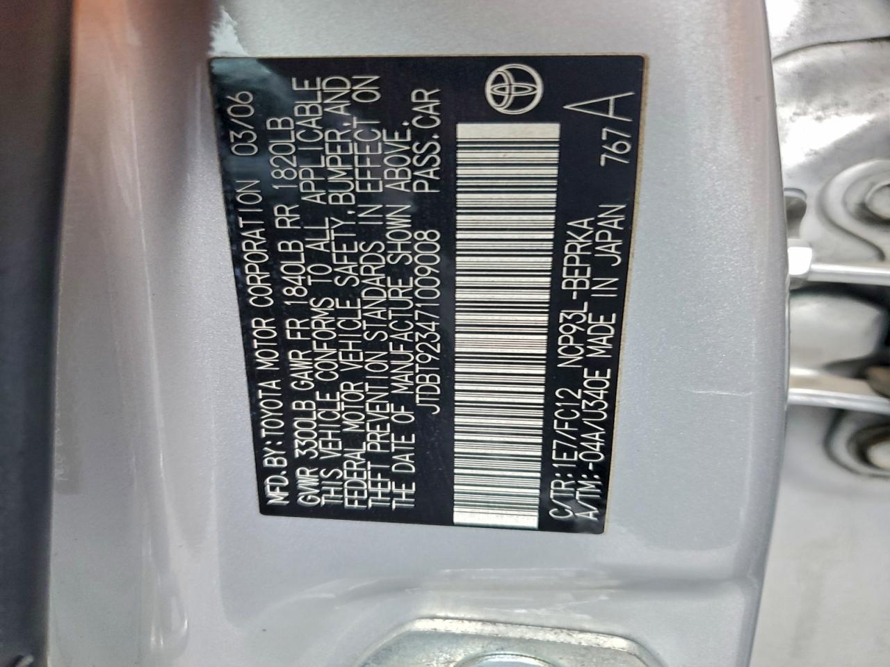 2007 Toyota Yaris VIN: JTDBT923471009008 Lot: 90923705