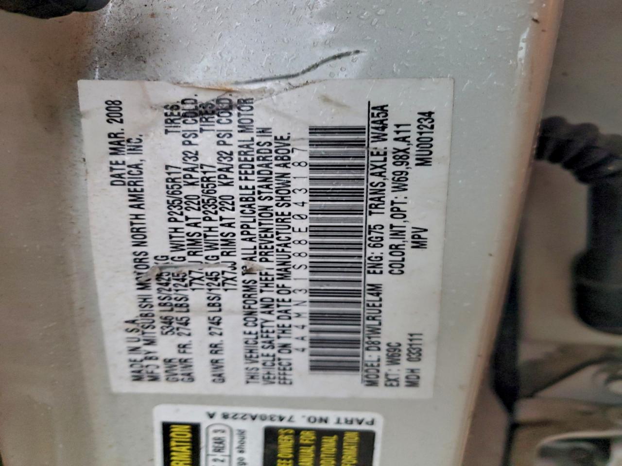 2008 Mitsubishi Endeavor Se VIN: 4A4MN31S88E043187 Lot: 92514395