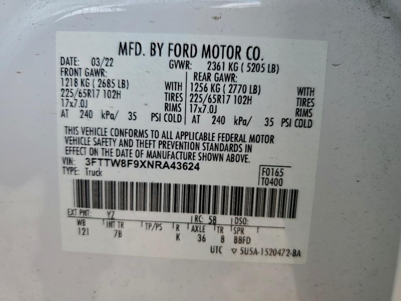 2022 Ford Maverick Xl VIN: 3FTTW8F9XNRA43624 Lot: 94127365