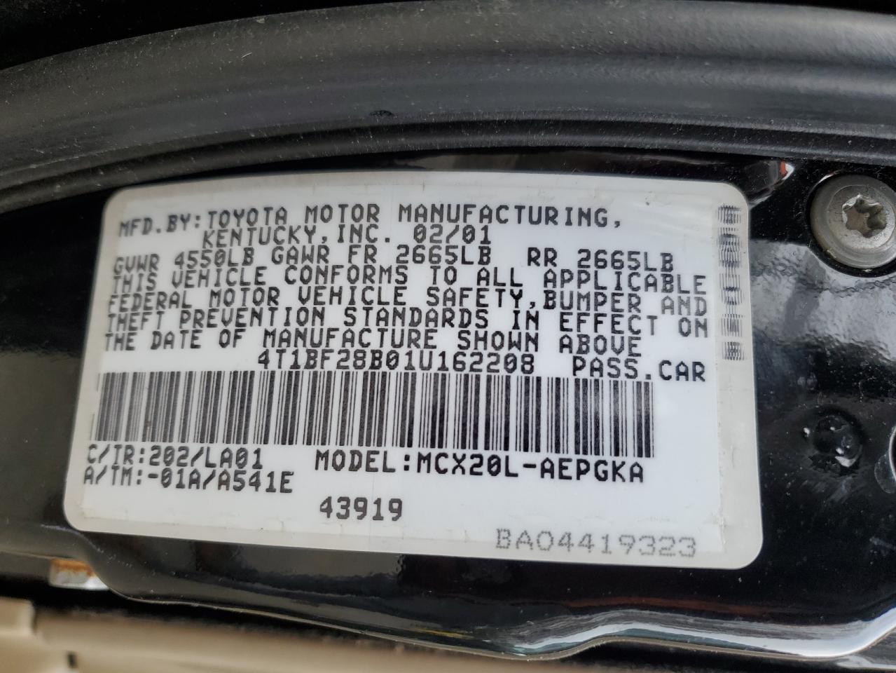 2001 Toyota Avalon Xl VIN: 4T1BF28B01U162208 Lot: 92071465