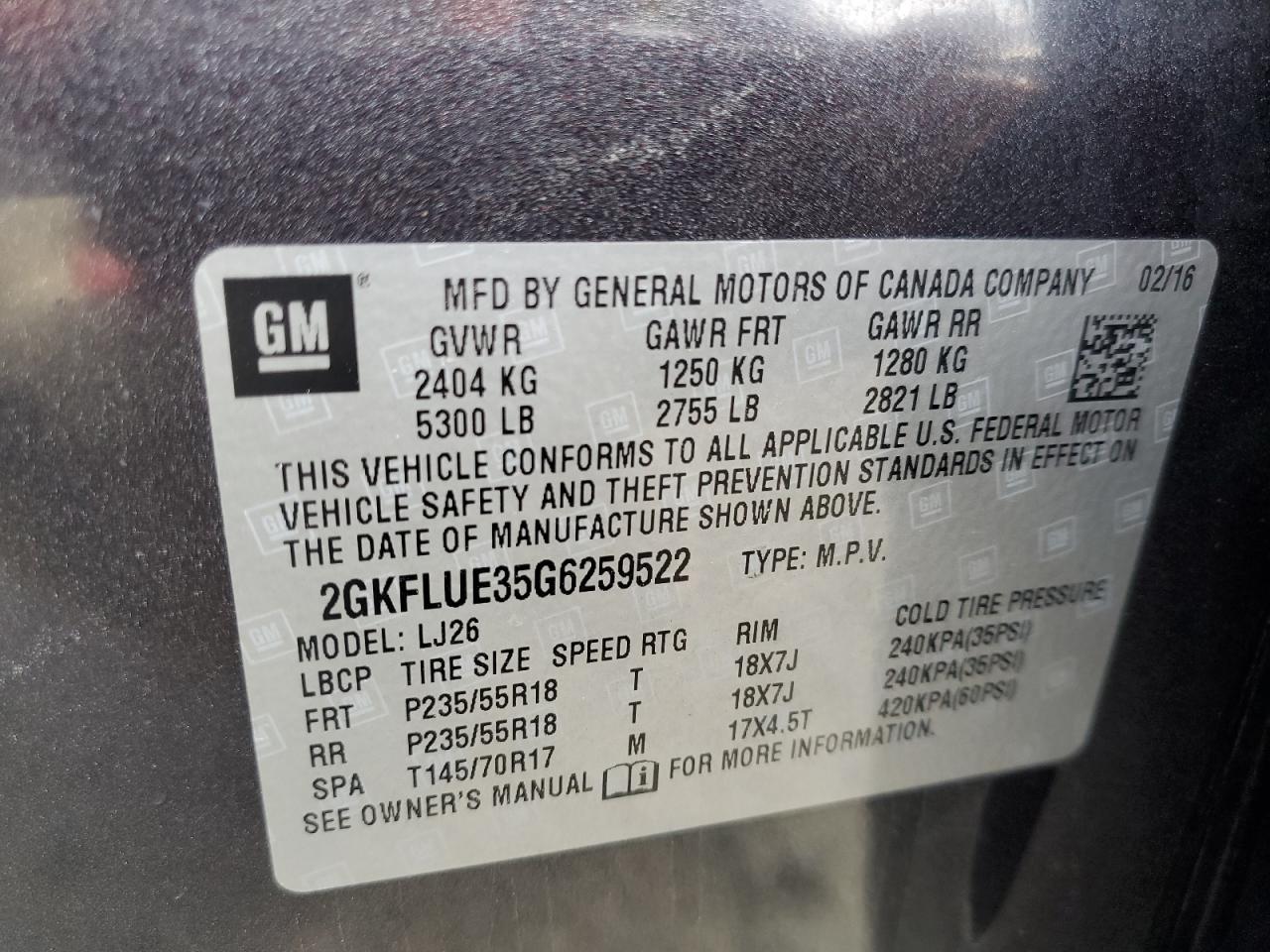 2016 GMC Terrain Slt VIN: 2GKFLUE35G6259522 Lot: 91240435