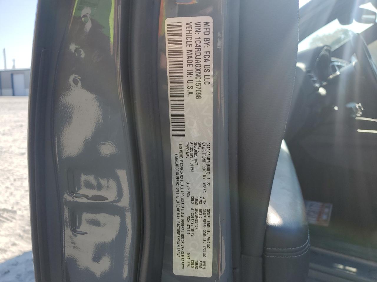 2022 Dodge Durango Sxt VIN: 1C4RDJAGXNC157098 Lot: 93693615