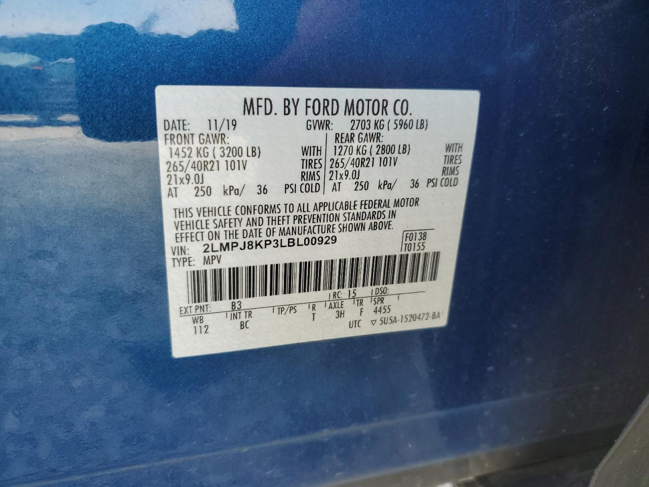 2020 Lincoln Nautilus Reserve VIN: 2LMPJ8KP3LBL00929 Lot: 92946585