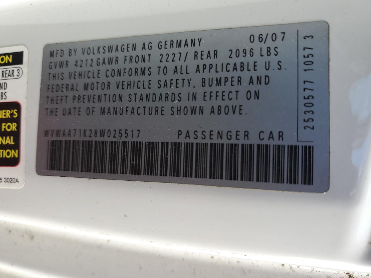 2008 Volkswagen Rabbit VIN: WVWAA71K28W025517 Lot: 93264725