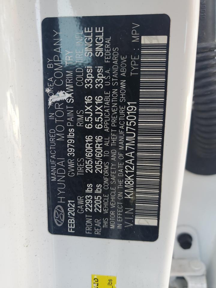 2021 Hyundai Kona Se VIN: KM8K12AA7MU750191 Lot: 93917095