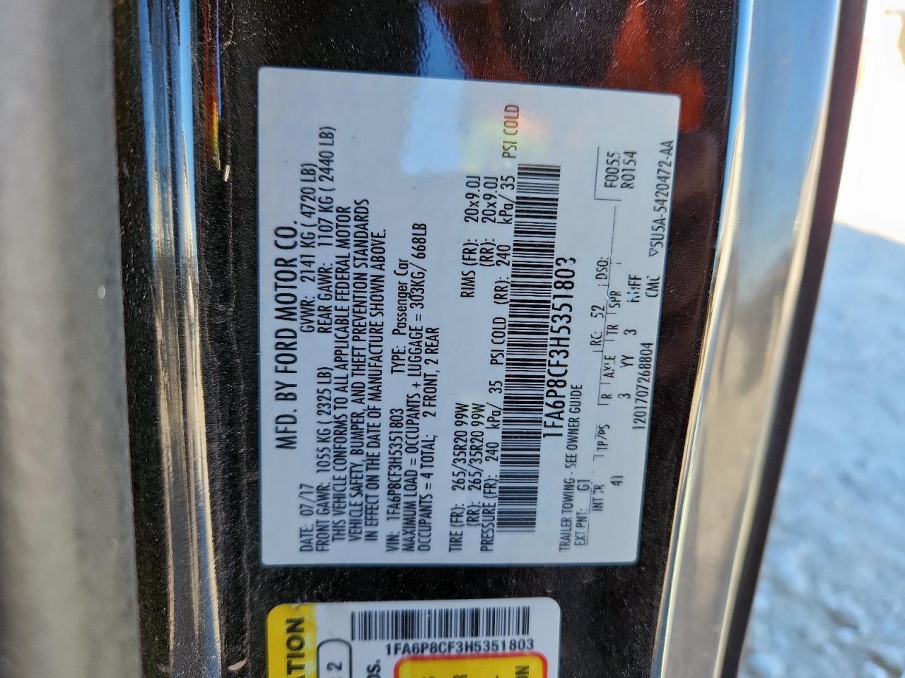 2017 Ford Mustang Gt VIN: 1FA6P8CF3H5351803 Lot: 92192225