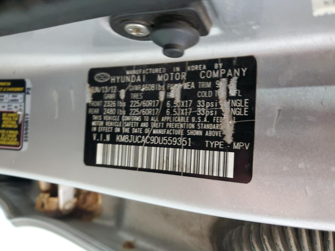 2013 Hyundai Tucson Gls VIN: KM8JUCAC9DU559351 Lot: 93487705