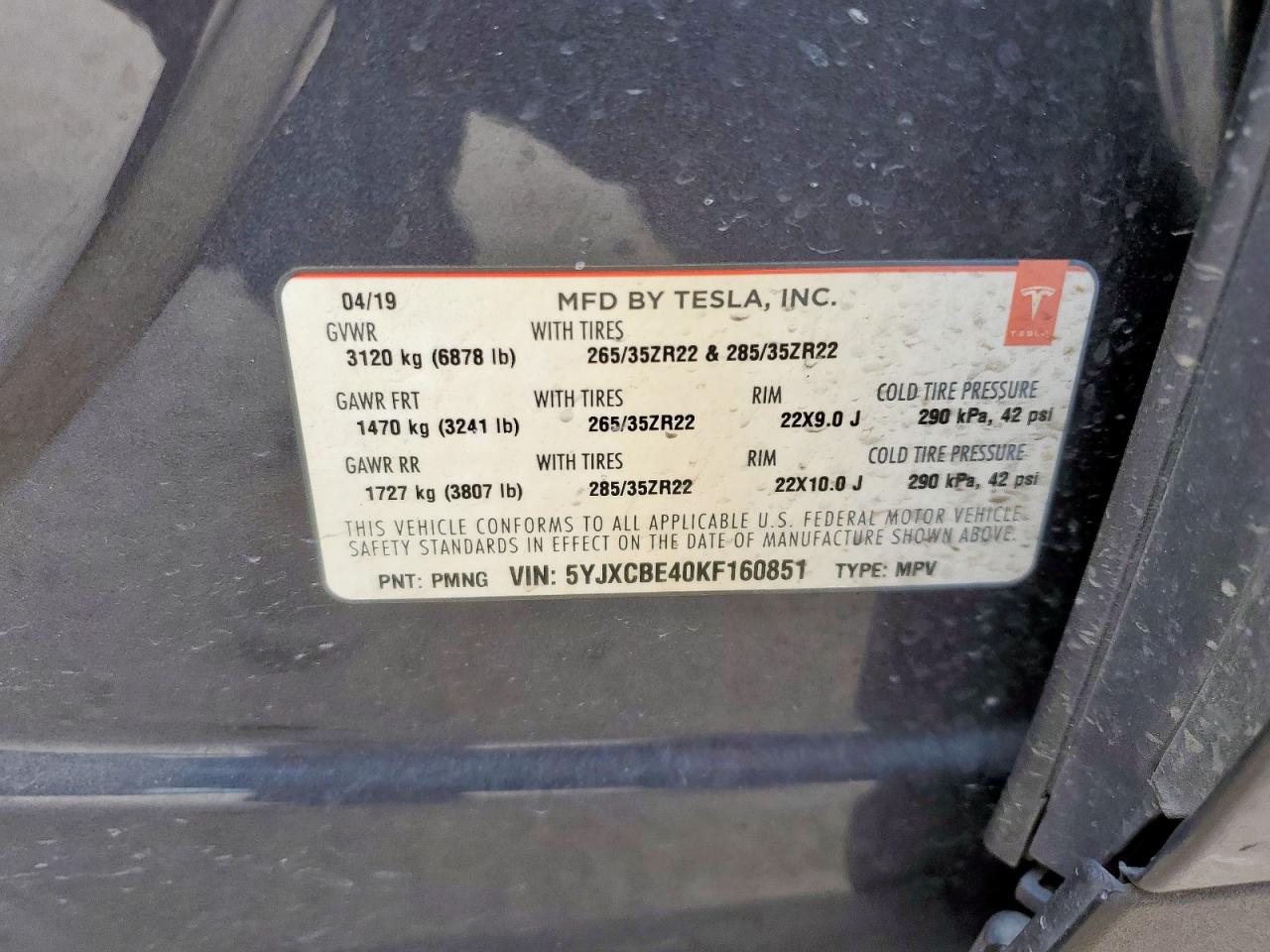 2019 Tesla Model X VIN: 5YJXCBE40KF160851 Lot: 93503445