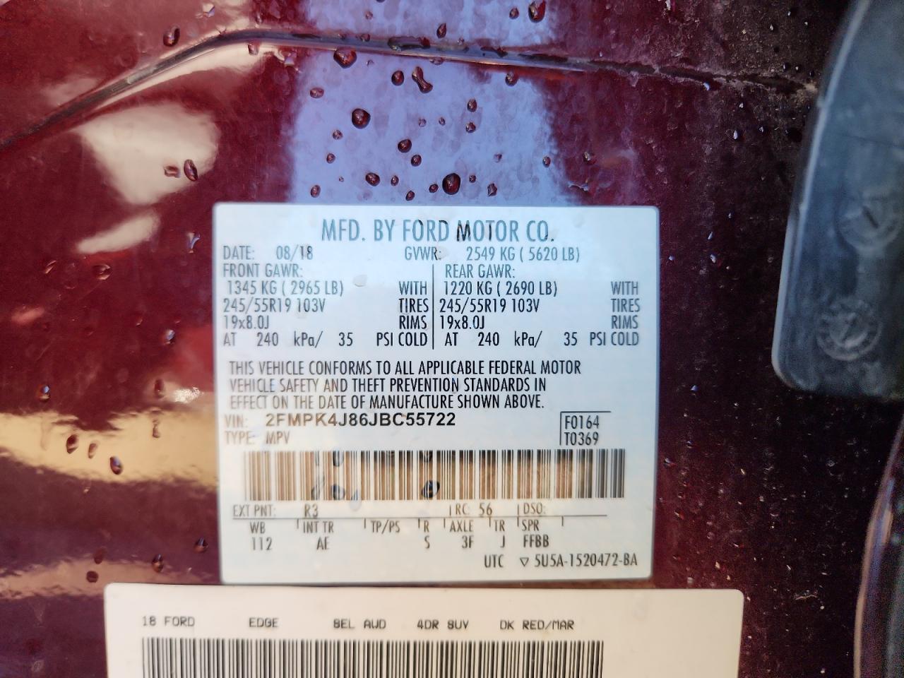 2018 Ford Edge Sel VIN: 2FMPK4J86JBC55722 Lot: 91318565