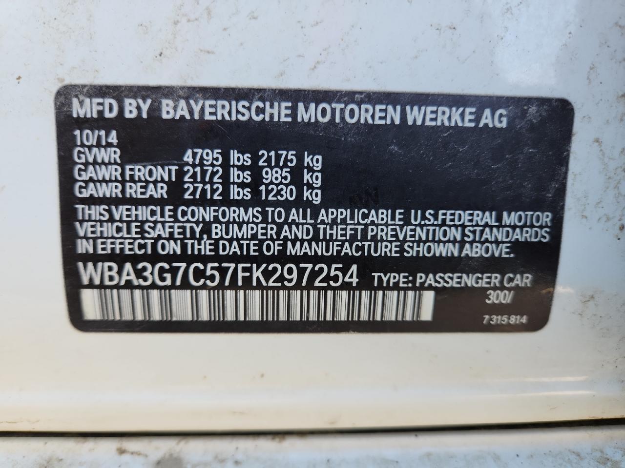 2015 BMW 328 Xi VIN: WBA3G7C57FK297254 Lot: 91493015