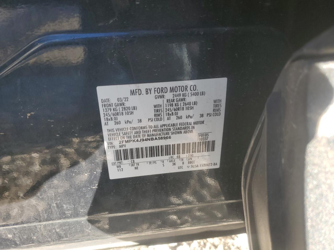 2022 Ford Edge Sel VIN: 2FMPK4J94NBA58966 Lot: 90225635