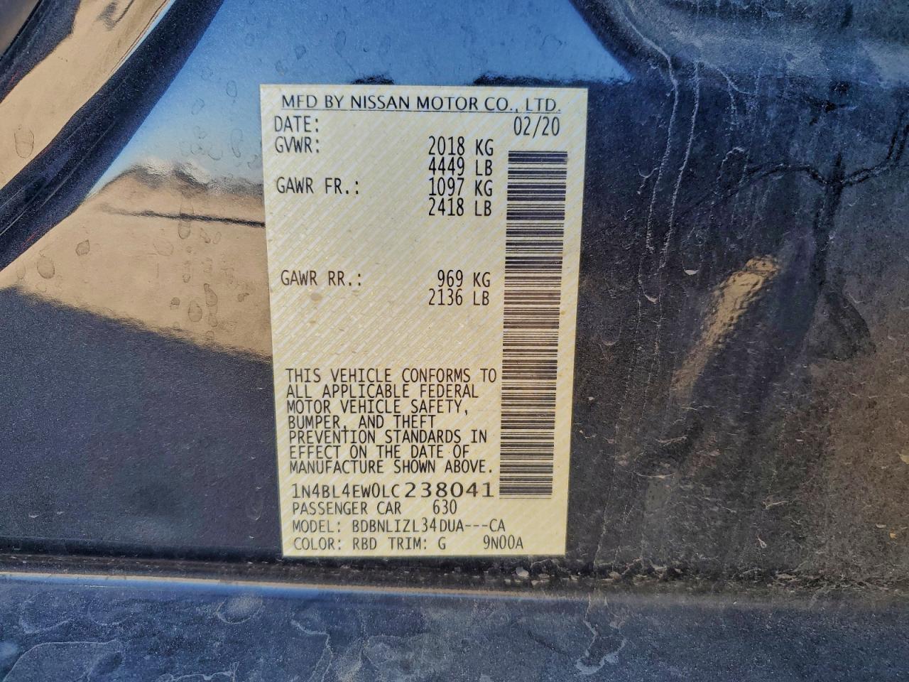 2020 Nissan Altima Sl VIN: 1N4BL4EW0LC238041 Lot: 93748305