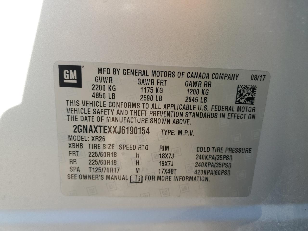 2018 Chevrolet Equinox Lt VIN: 2GNAXTEXXJ6190154 Lot: 91470895