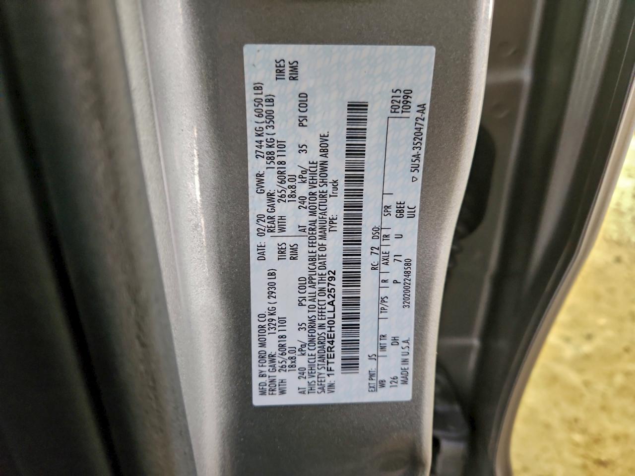 2020 Ford Ranger Xl VIN: 1FTER4EH0LLA25792 Lot: 94737475