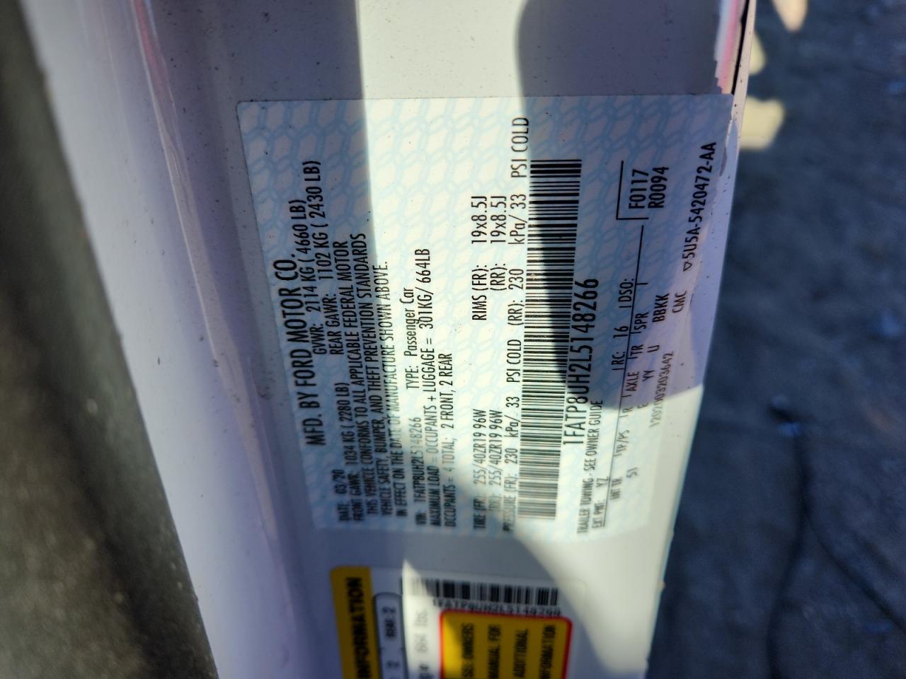 2020 Ford Mustang VIN: 1FATP8UH2L5148266 Lot: 91510235