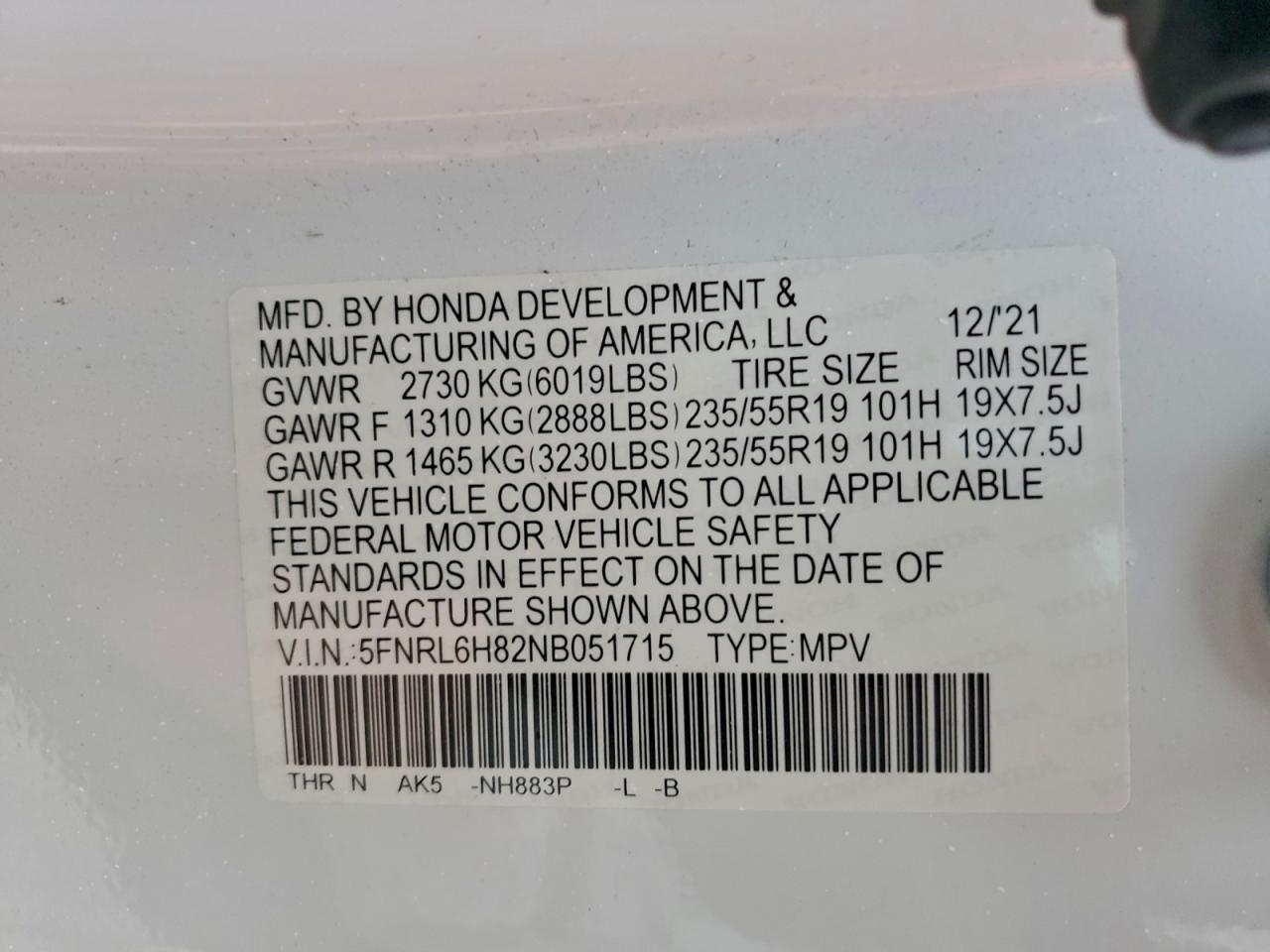 2022 Honda Odyssey Touring VIN: 5FNRL6H82NB051715 Lot: 90689145