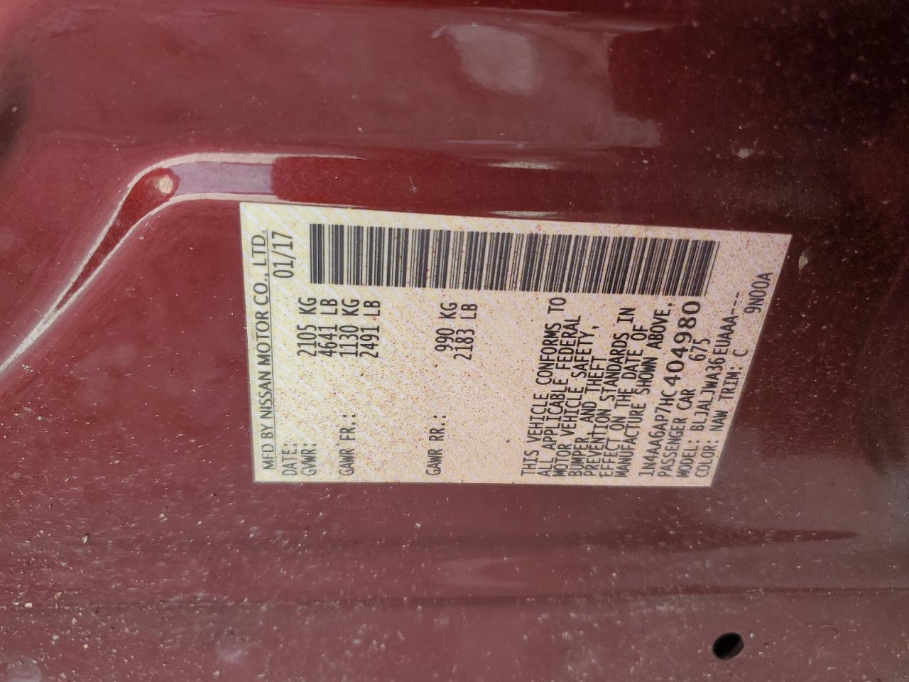 2017 Nissan Maxima 3.5S VIN: 1N4AA6AP7HC404980 Lot: 92856935