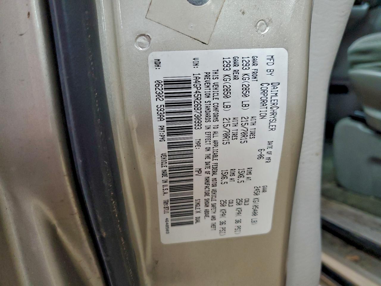 2006 Chrysler Town & Country VIN: 1A4GP45R26B730993 Lot: 94060425