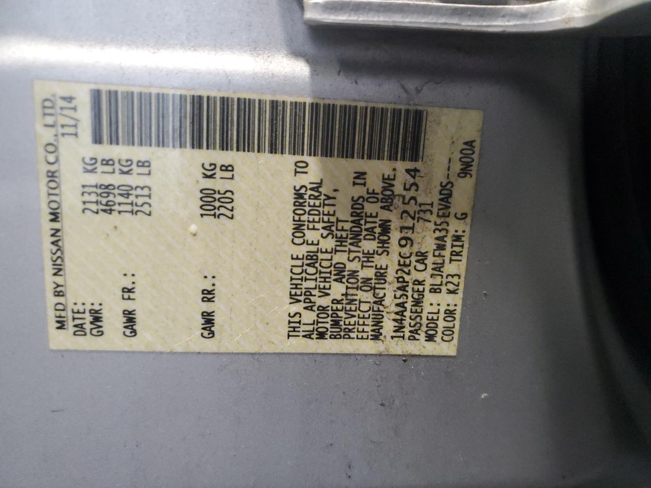 2014 Nissan Maxima S VIN: 1N4AA5AP2EC912554 Lot: 93401905