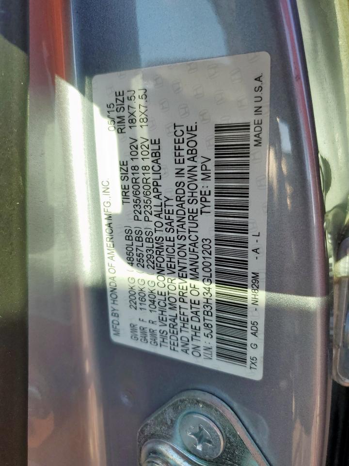 2016 Acura Rdx VIN: 5J8TB3H34GL001203 Lot: 91717845