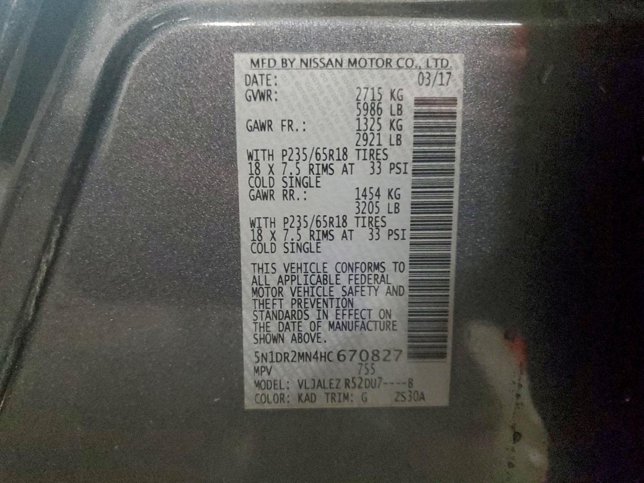 2017 Nissan Pathfinder S VIN: 5N1DR2MN4HC670827 Lot: 93621785