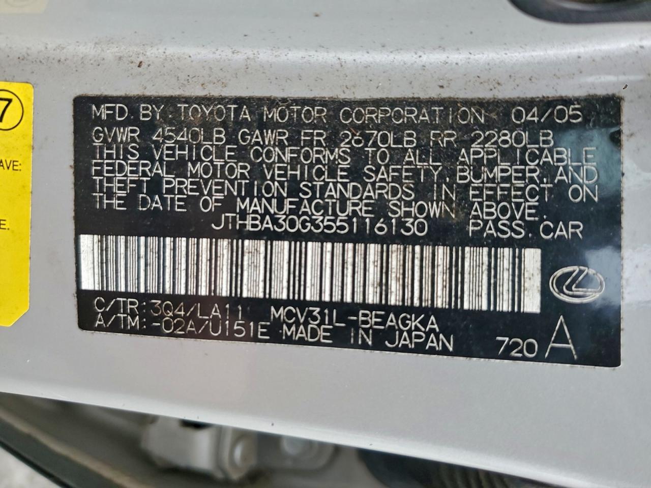 2005 Lexus Es 330 VIN: JTHBA30G355116130 Lot: 94305255