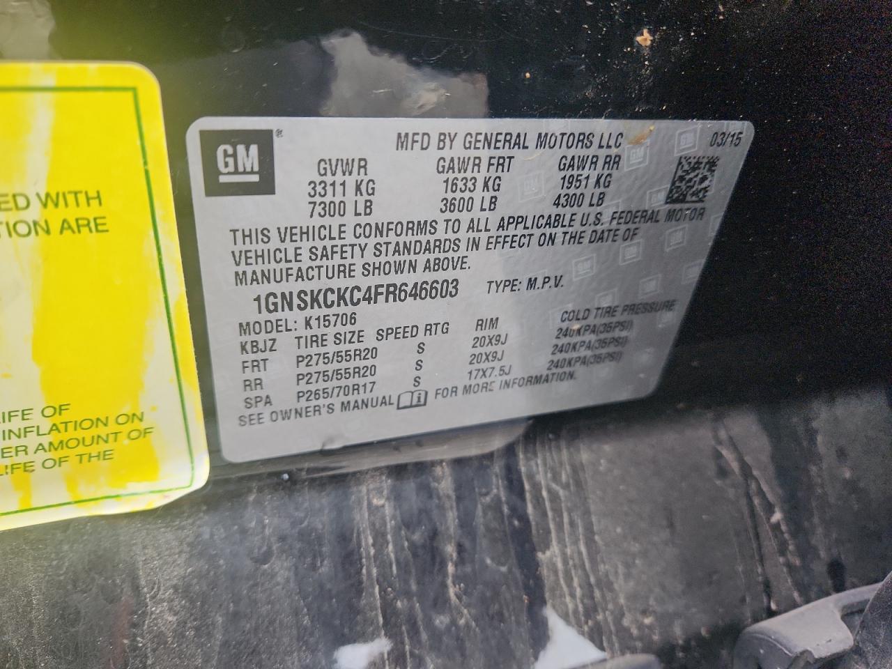 2015 Chevrolet Tahoe K1500 Ltz VIN: 1GNSKCKC4FR646603 Lot: 93538035