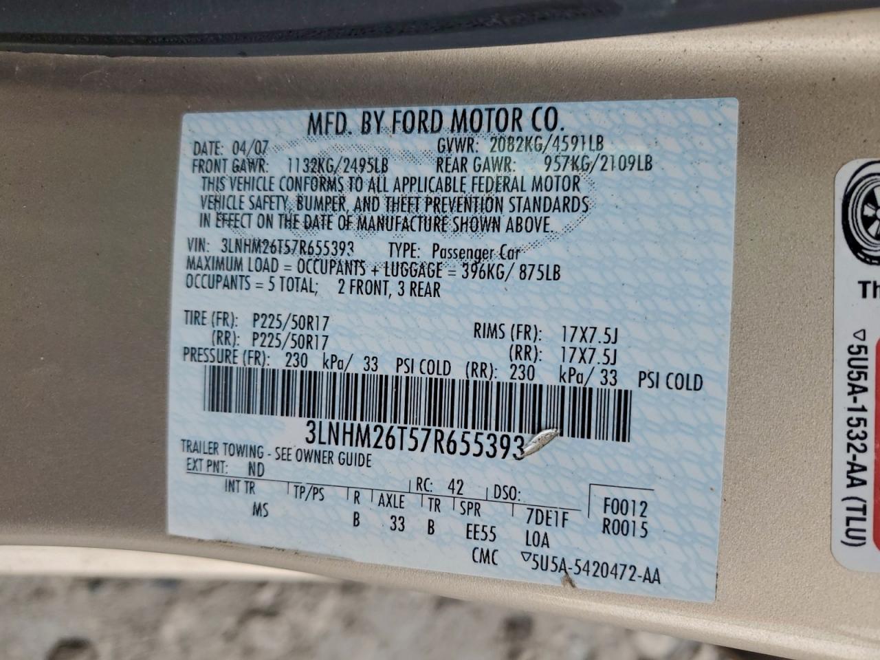 2007 Lincoln Mkz VIN: 3LNHM26T57R655393 Lot: 93830255