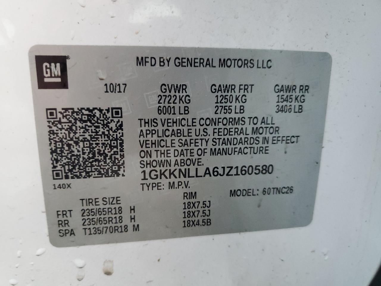 2018 GMC Acadia Sle VIN: 1GKKNLLA6JZ160580 Lot: 91434905