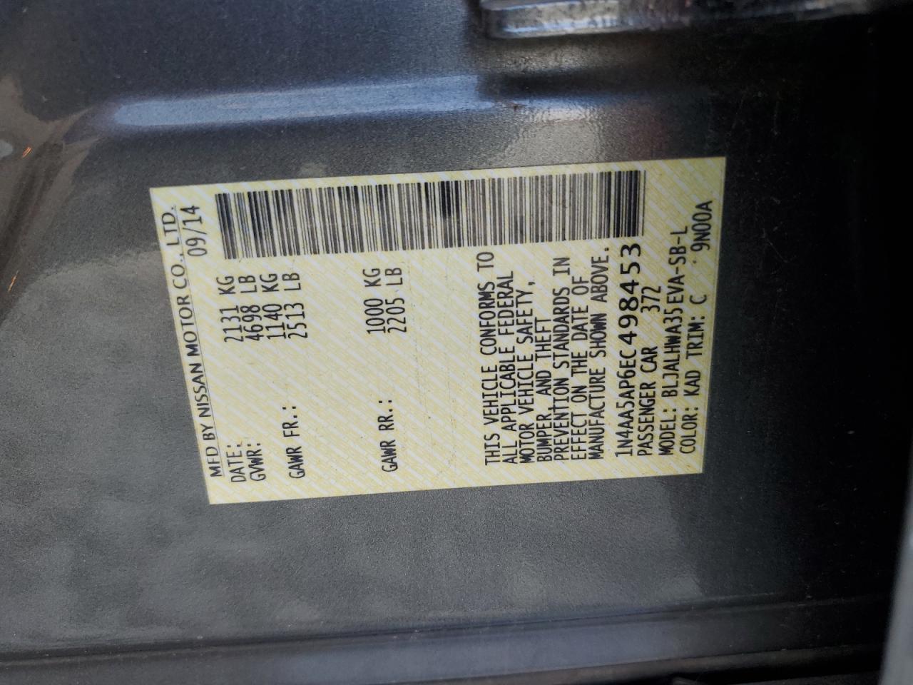 2014 Nissan Maxima S VIN: 1N4AA5AP6EC498453 Lot: 91775135