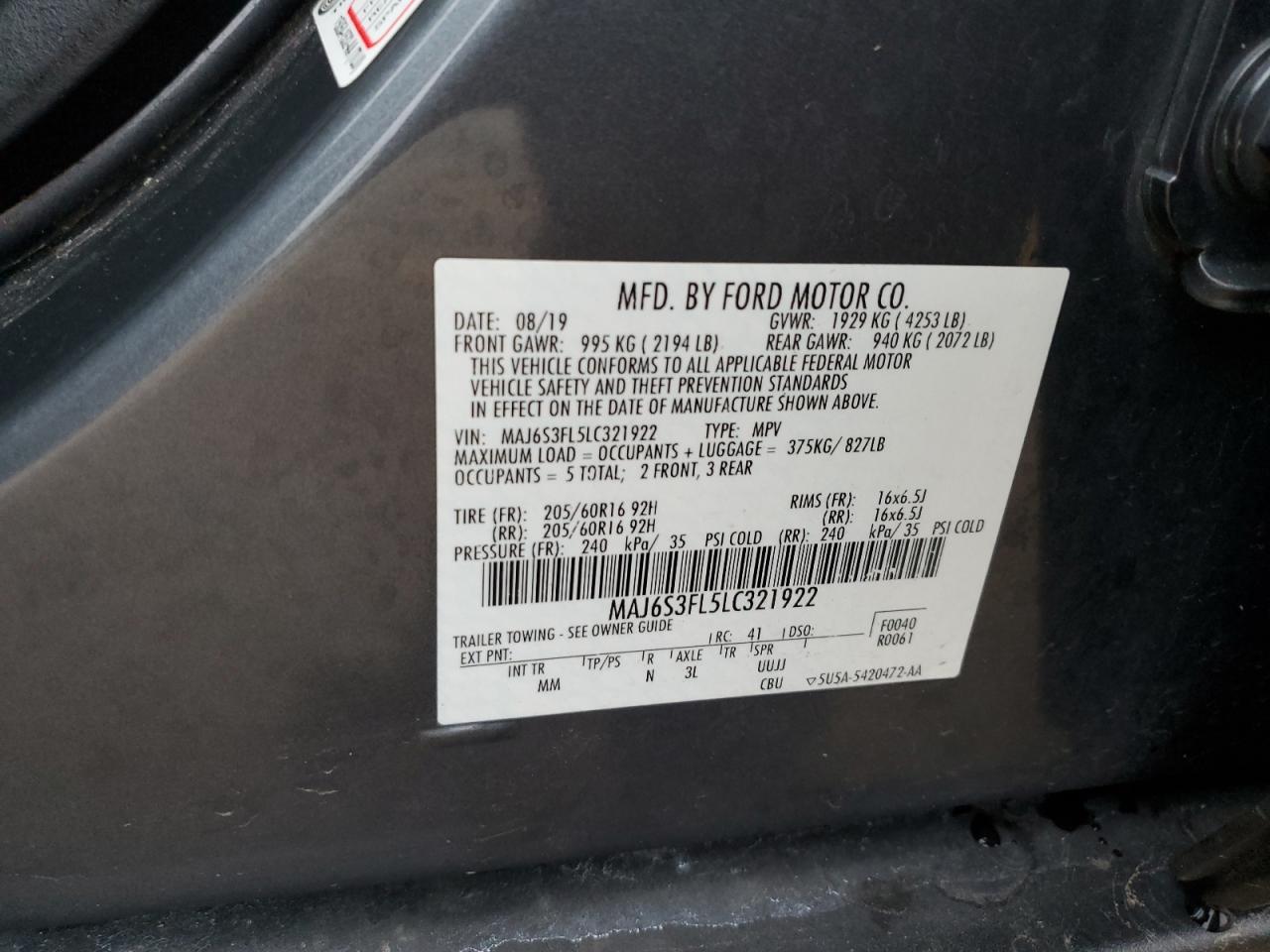 2020 Ford Ecosport S VIN: MAJ6S3FL5LC321922 Lot: 92592115