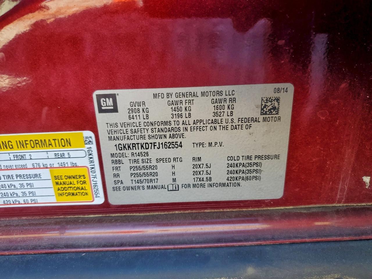 2015 GMC Acadia Denali VIN: 1GKKRTKD7FJ162554 Lot: 94332715