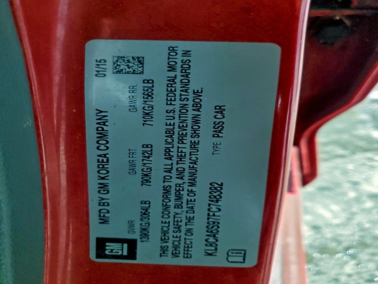 2015 Chevrolet Spark Ls VIN: KL8CA6S97FC748382 Lot: 92425695