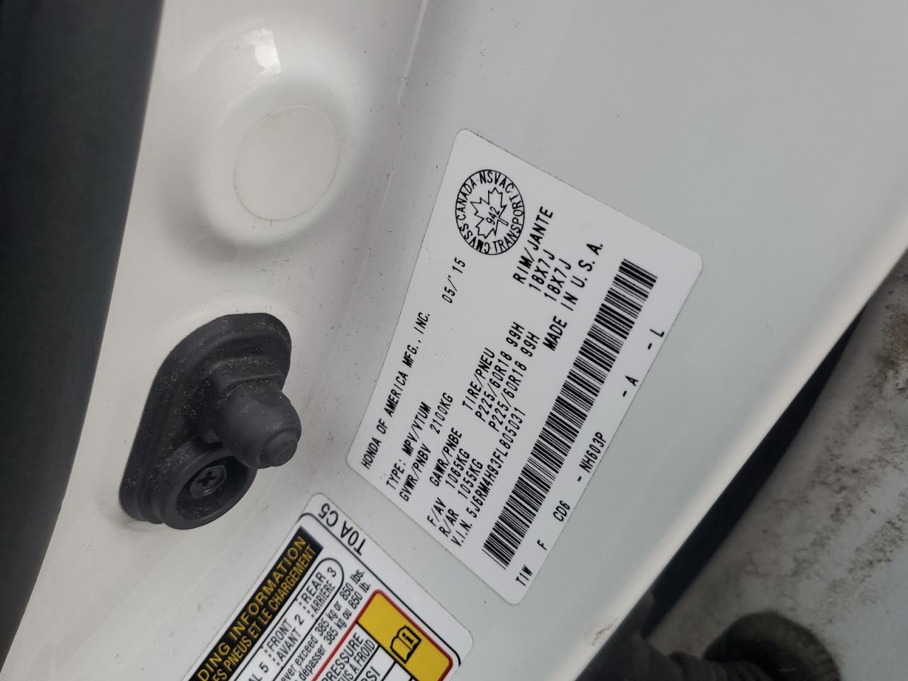 2015 Honda Cr-V Touring VIN: 5J6RM4H93FL805031 Lot: 92888175