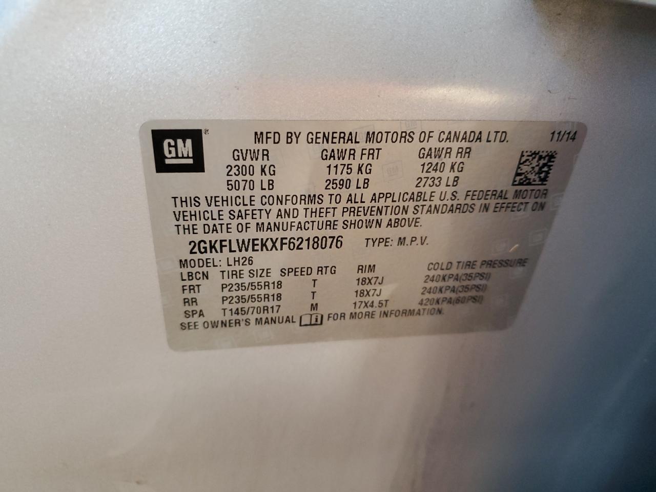 2015 GMC Terrain Sle VIN: 2GKFLWEKXF6218076 Lot: 91630685