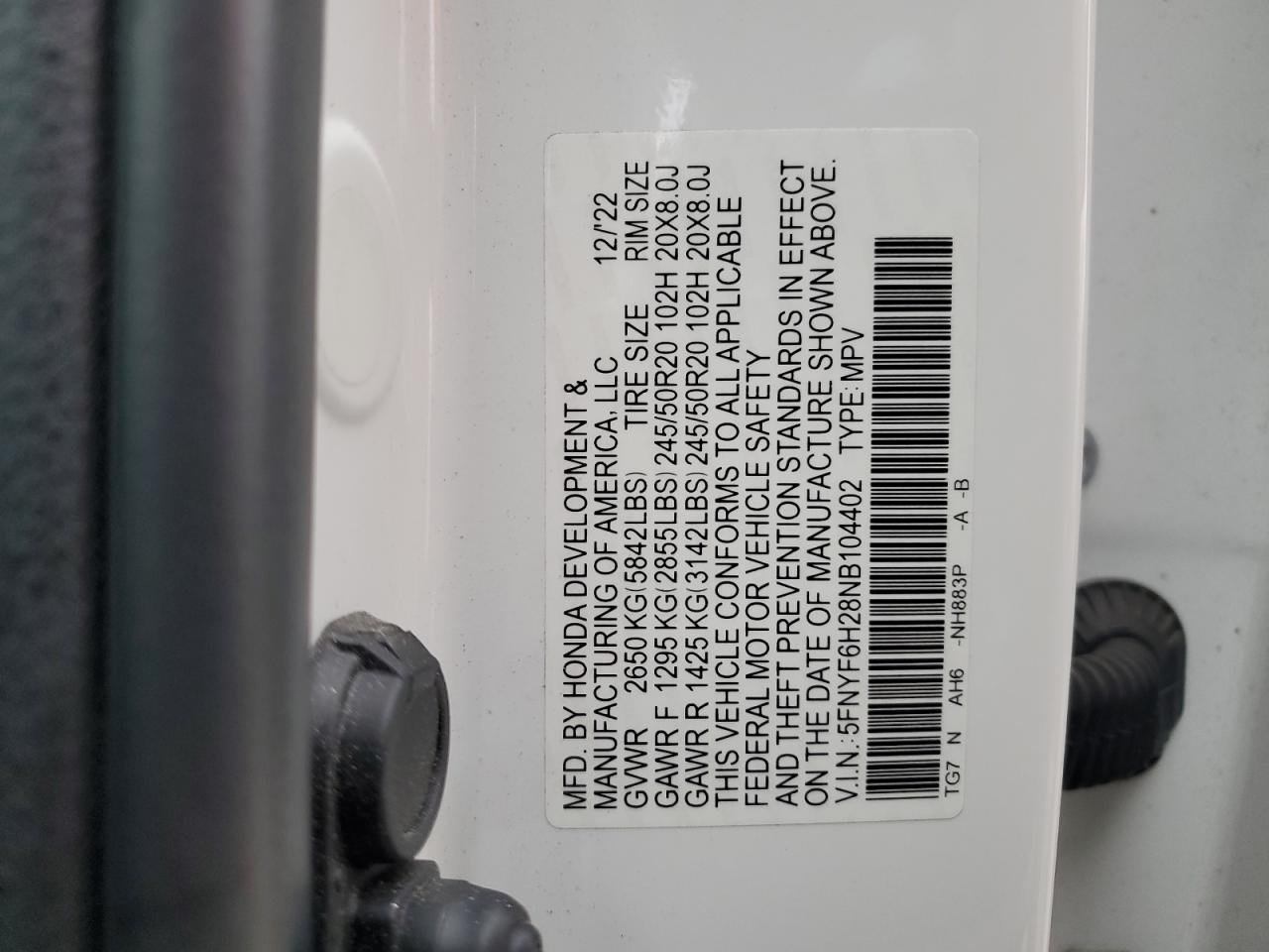 2022 Honda Pilot Se VIN: 5FNYF6H28NB104402 Lot: 93014905