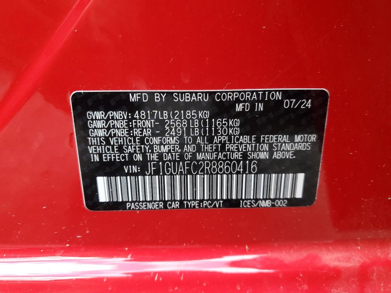 2024 Subaru Impreza Sport VIN: JF1GUAFC2R8860416 Lot: 92244985