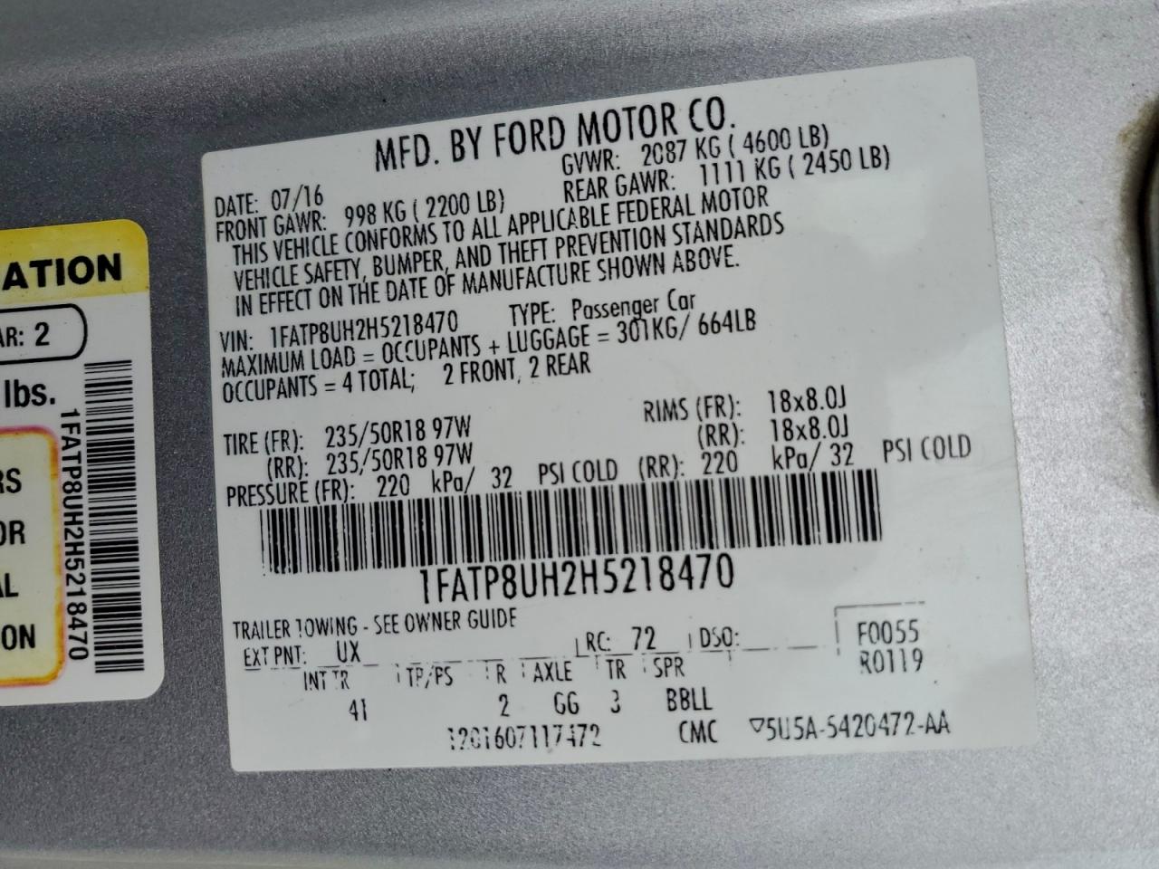 2017 Ford Mustang VIN: 1FATP8UH2H5218470 Lot: 93257905