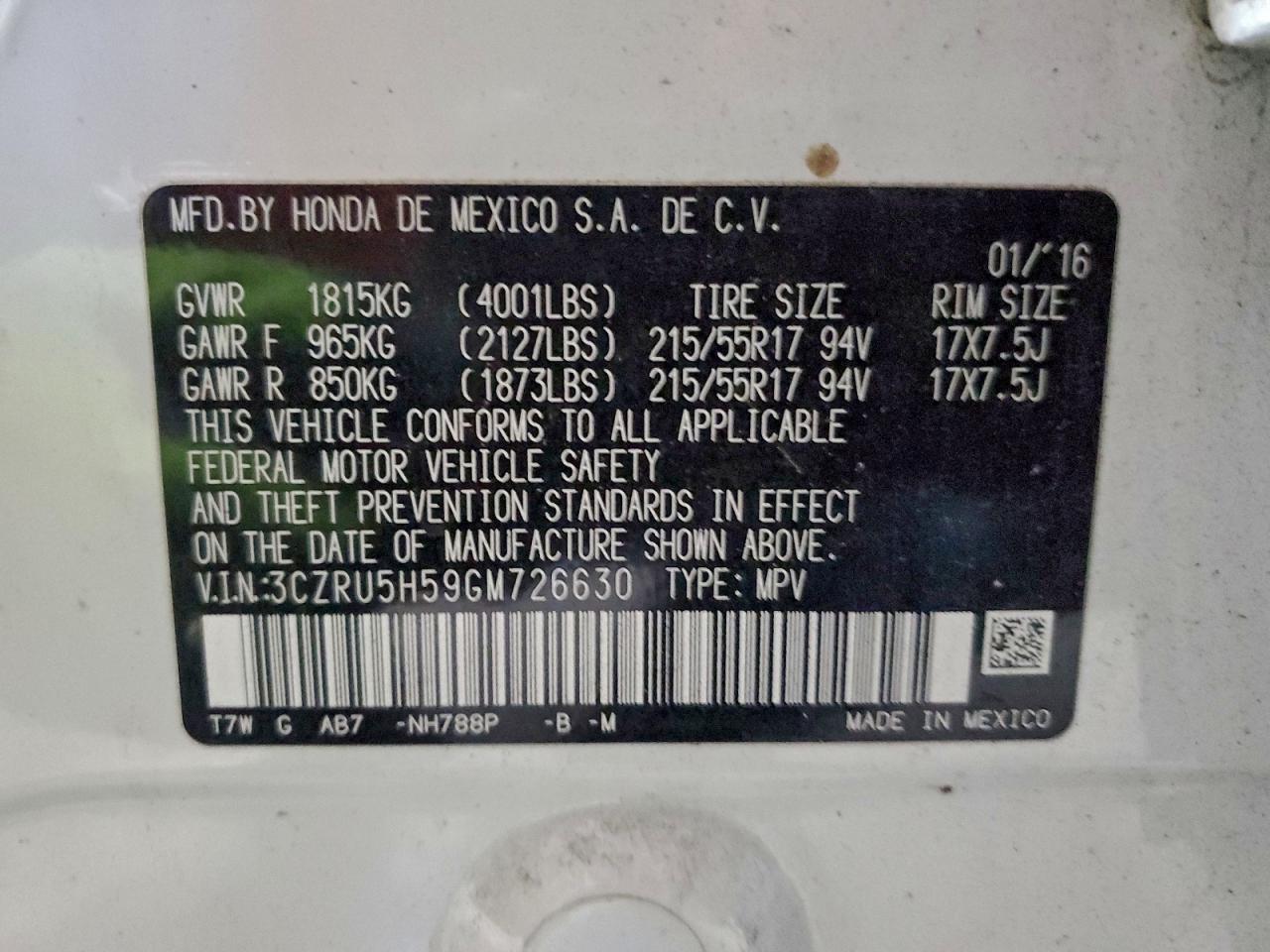 2016 Honda Hr-V Ex VIN: 3CZRU5H59GM726630 Lot: 94466065