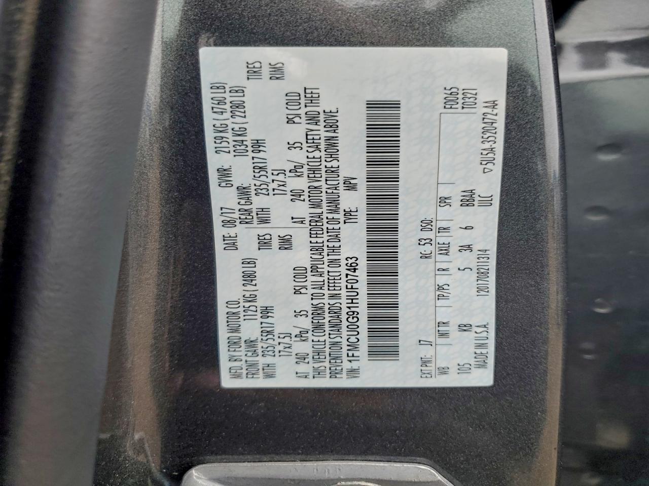 2017 Ford Escape Se VIN: 1FMCU0G91HUF07463 Lot: 94288475