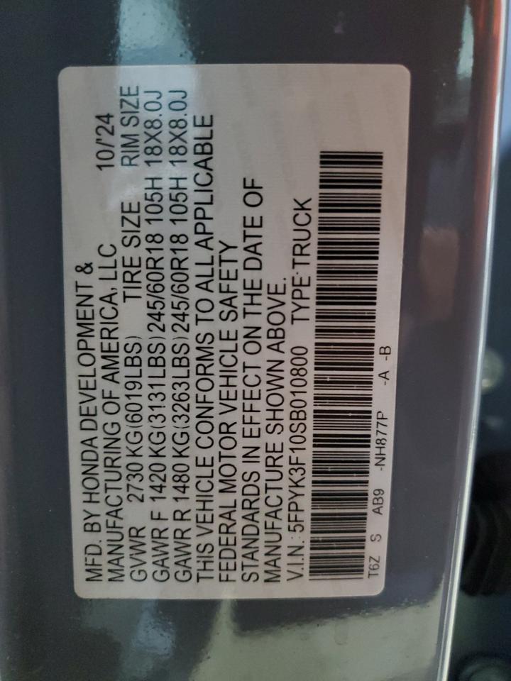 2025 Honda Ridgeline Sport VIN: 5FPYK3F10SB010800 Lot: 92641455