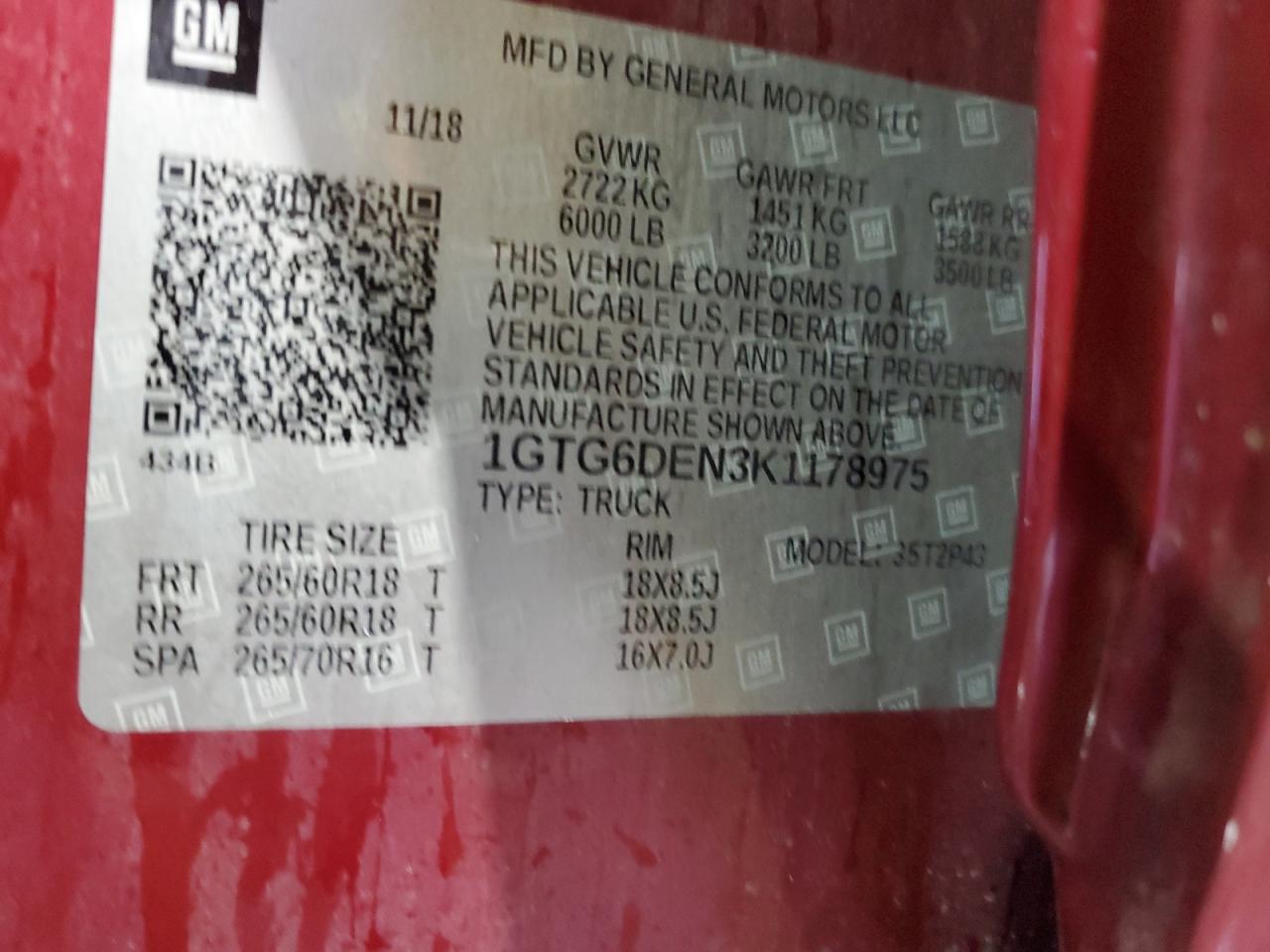 2019 GMC Canyon Slt VIN: 1GTG6DEN3K1178975 Lot: 92196715