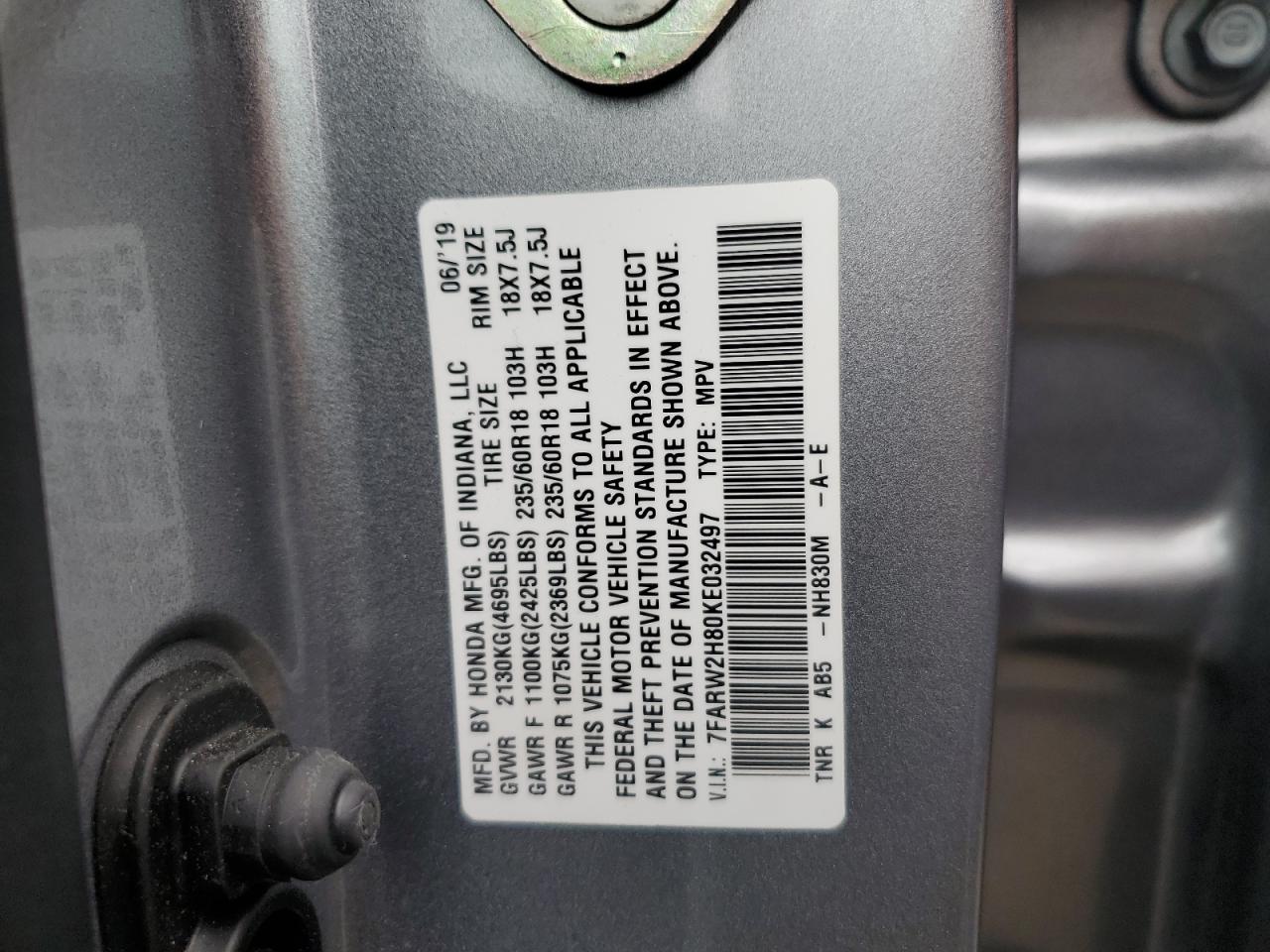 2019 Honda Cr-V Exl VIN: 7FARW2H80KE032497 Lot: 93134455