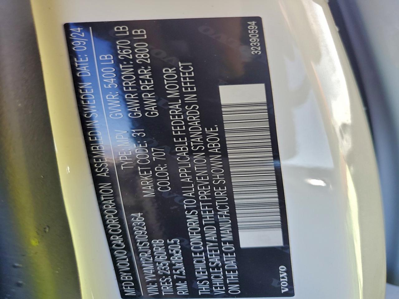 2025 Volvo Xc60 Core VIN: YV4M12RJ1S1092364 Lot: 94472775