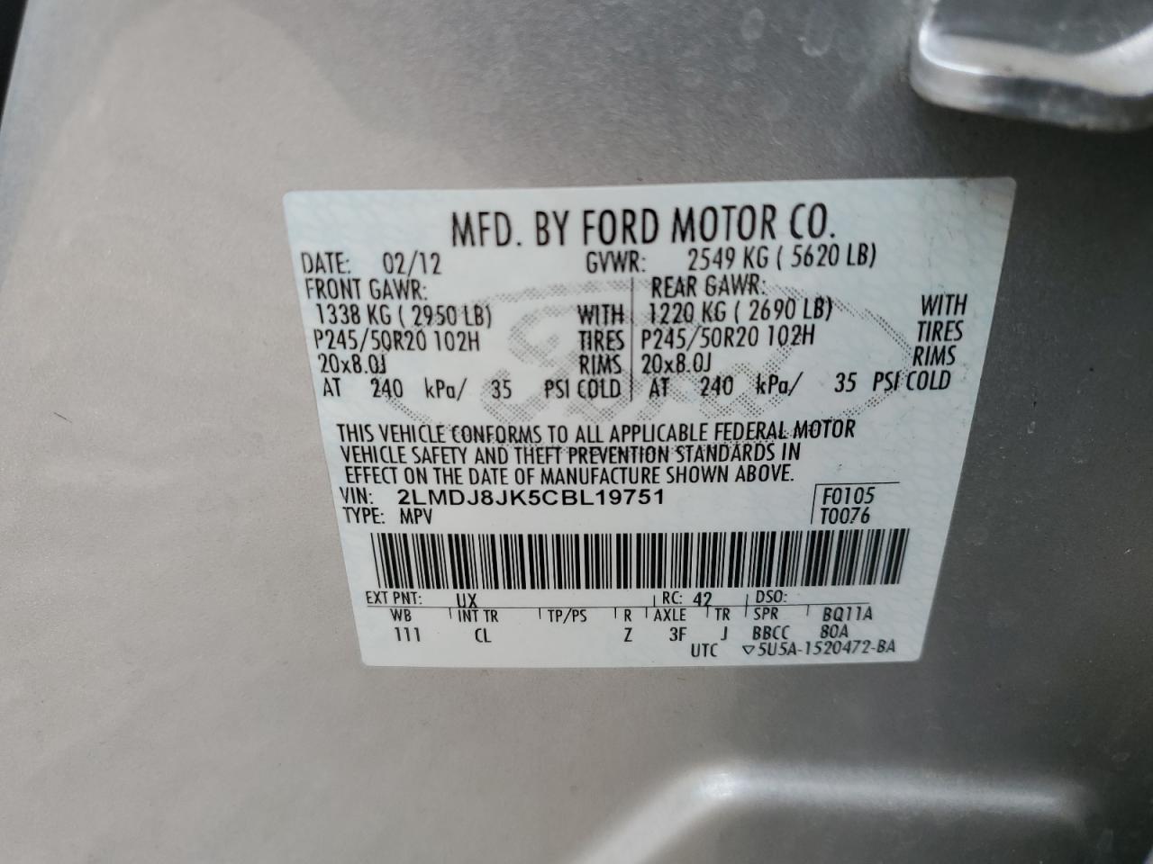 2012 Lincoln Mkx VIN: 2LMDJ8JK5CBL19751 Lot: 91584055