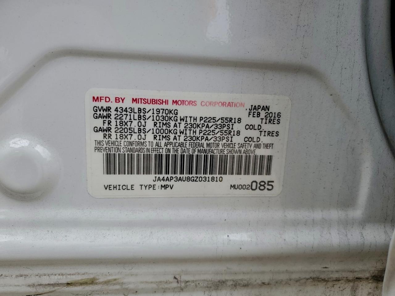 2016 Mitsubishi Outlander Sport Es VIN: JA4AP3AU8GZ031810 Lot: 93718495