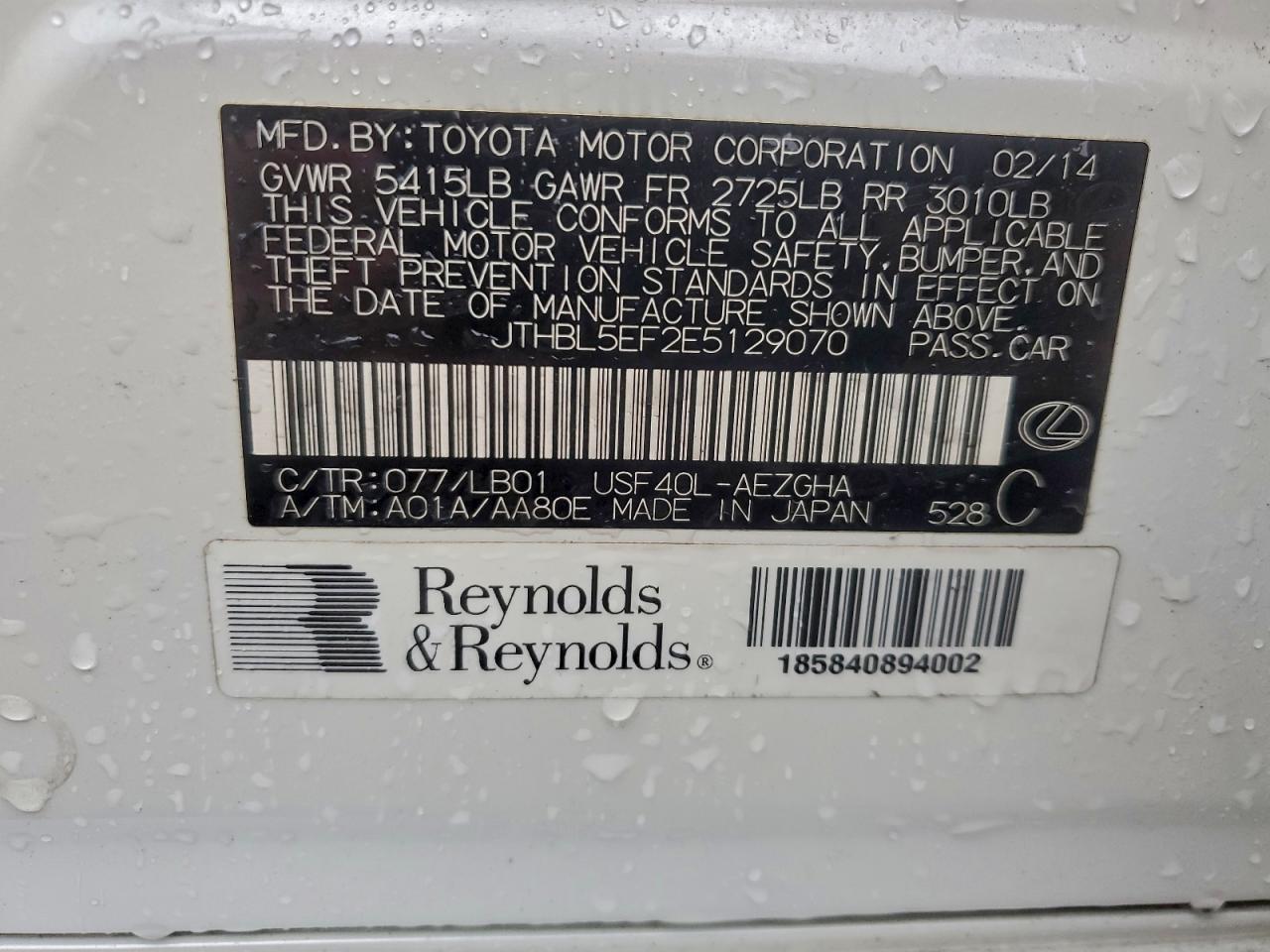 2014 Lexus Ls 460 VIN: JTHBL5EF2E5129070 Lot: 93915715