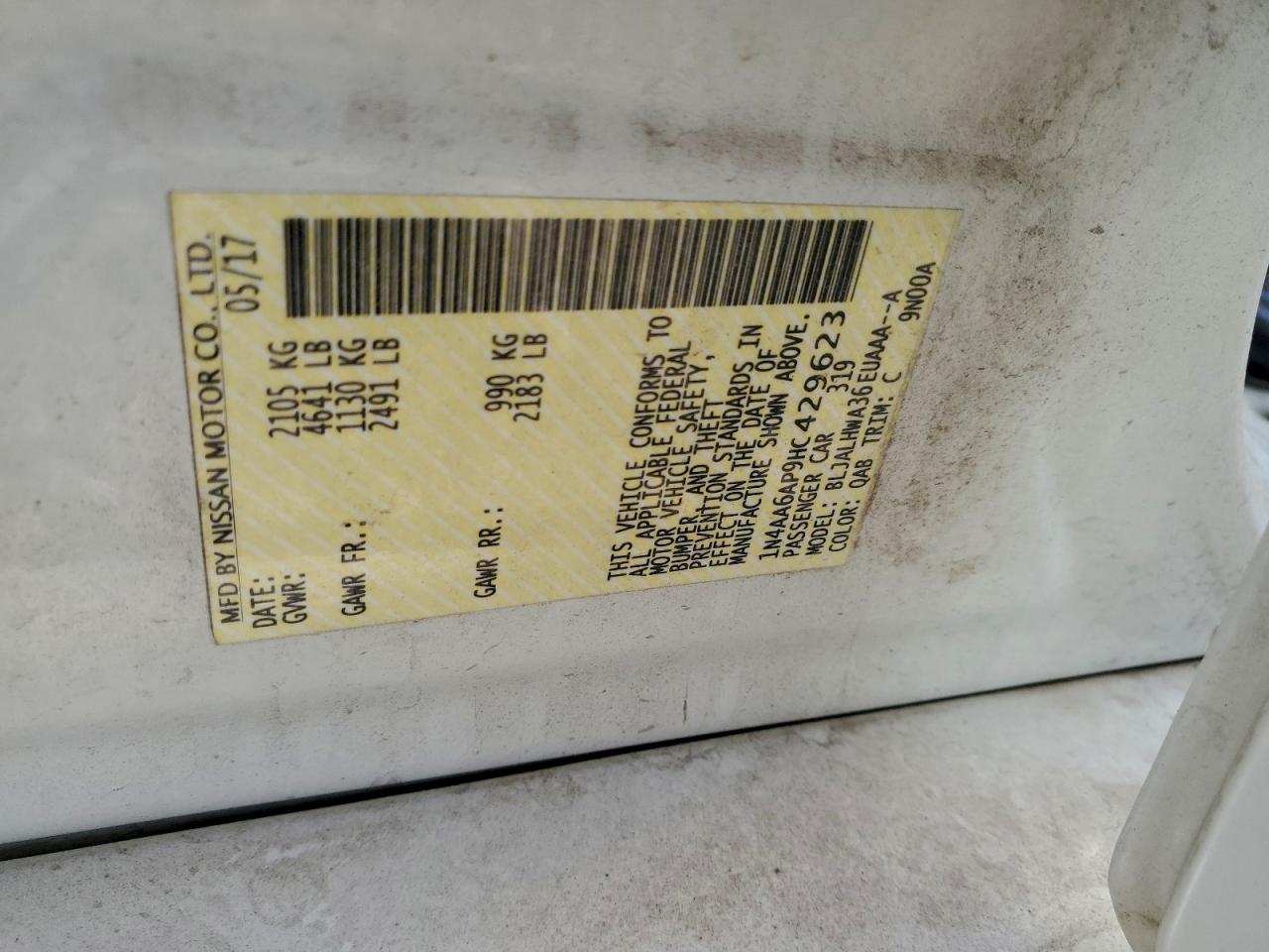 2017 Nissan Maxima 3.5S VIN: 1N4AA6AP9HC429623 Lot: 94241045