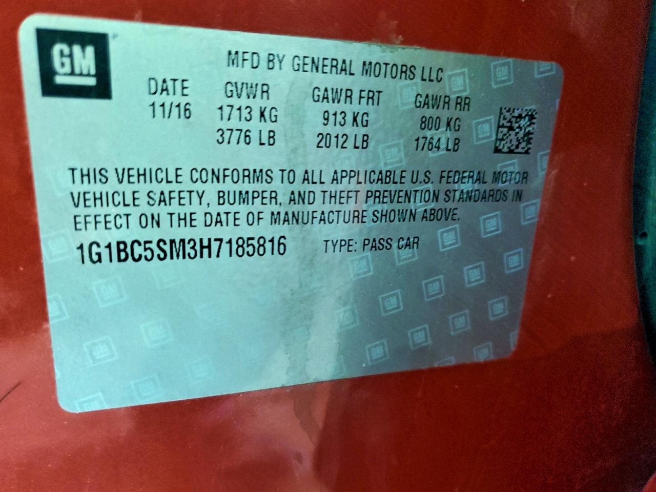 2017 Chevrolet Cruze Ls VIN: 1G1BC5SM3H7185816 Lot: 93379315