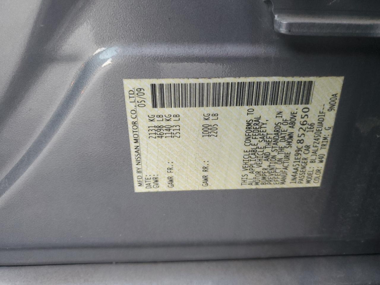 2009 Nissan Maxima S VIN: 1N4AA51E99C852650 Lot: 91209465